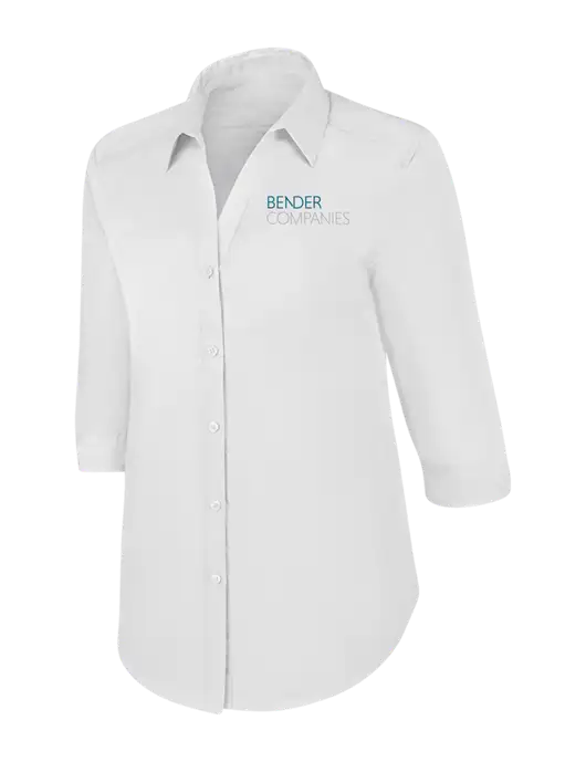Womens White 3/4 Sleeve Carefree Poplin Shirt w/Bender Companies Logo