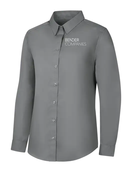 Womens Medium Grey Long Sleeve Carefree Poplin Shirt w/Bender Companies Logo