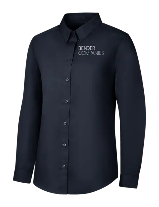 Womens River Blue Navy Long Sleeve Carefree Poplin Shirt w/Bender Companies Logo