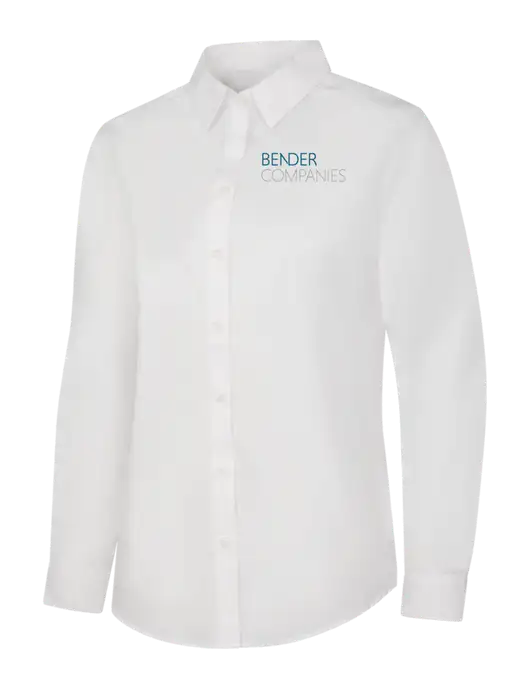 Womens White Long Sleeve Carefree Poplin Shirt w/Bender Companies Logo
