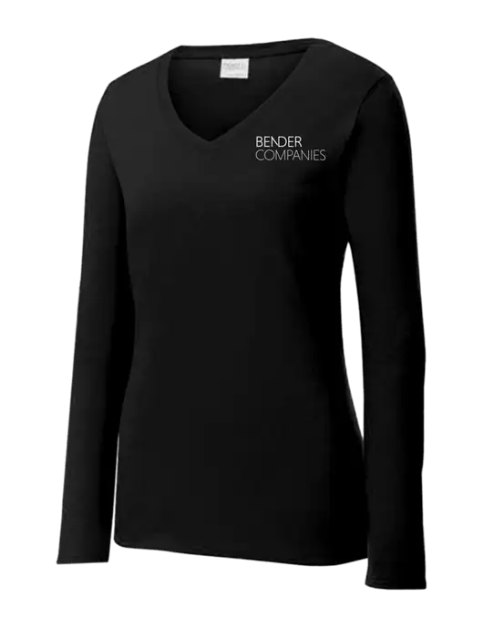 Womens V-Neck Ring Spun Jet Black 4.5 oz Long Sleeve T-Shirt w/Bender Companies Logo