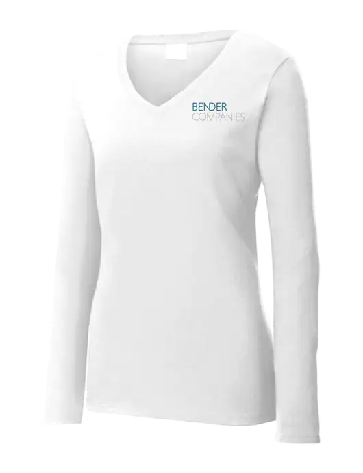 Womens  V-Neck Ring Spun White 4.5 oz Long Sleeve T-Shirt w/Bender Companies Logo