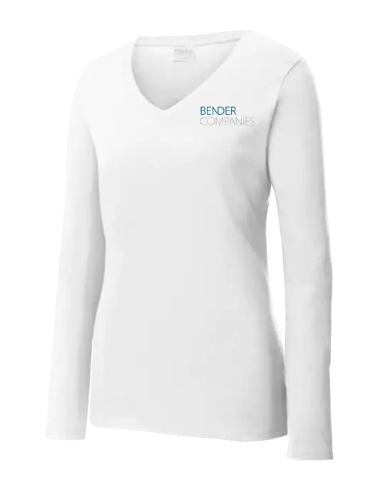 Womens  V-Neck Ring Spun White 4.5 oz Long Sleeve T-Shirt w/Bender Companies Logo