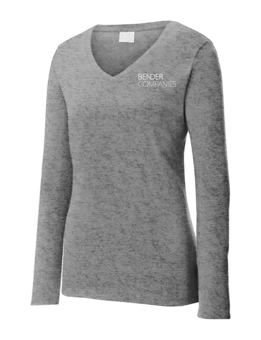 Womens  V-Neck Ring Spun Grey Heather 4.5 oz Long Sleeve T-Shirt w/Bender Companies Logo