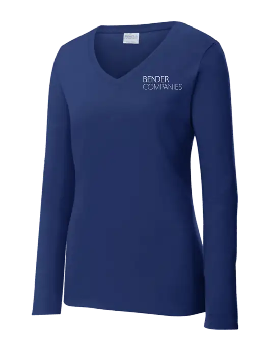 Womens  V-Neck Ring Spun Navy 4.5 oz Long Sleeve T-Shirt w/Bender Companies Logo