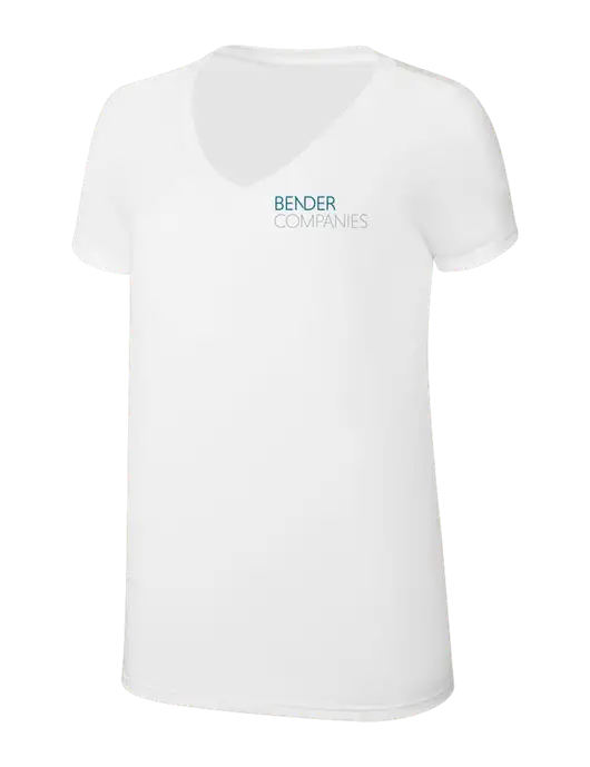 Womens Simply Soft V-Neck White 4.5oz  Poly/Combed Ring Spun Cotton T-Shirt w/Bender Companies Logo
