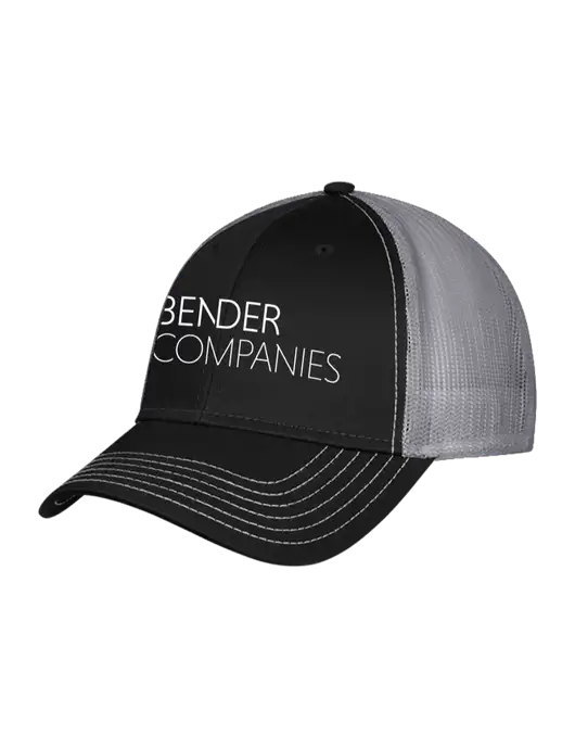 Black/Medium Dark Grey Mesh Trucker Cap Snap Back w/Bender Companies Logo