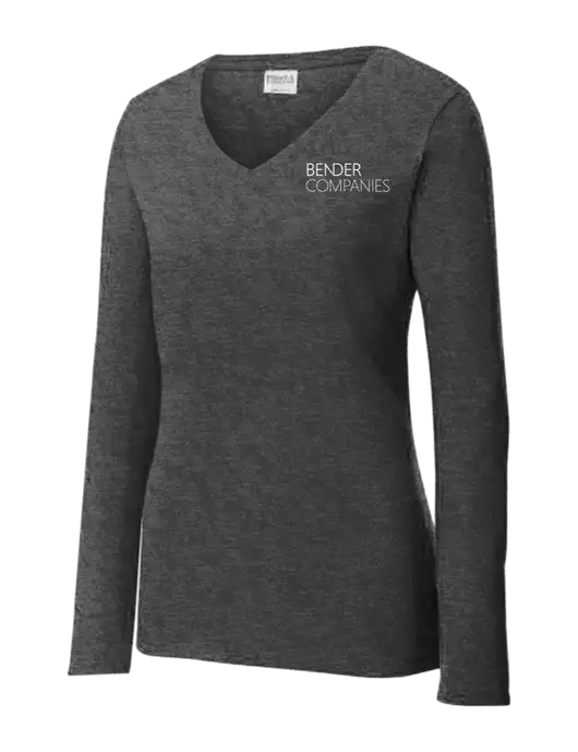 Womens  V-Neck Ring Spun Dark Heather Grey 4.5 oz Long Sleeve T-Shirt w/Bender Companies Logo