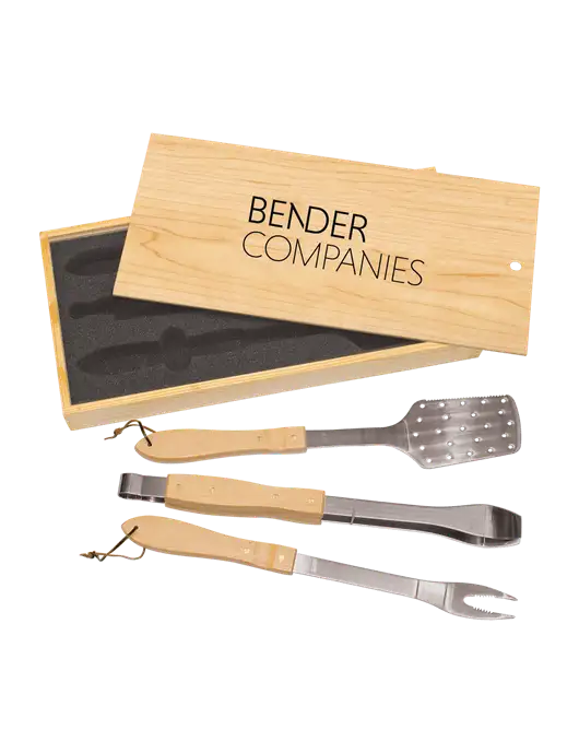 Wood BBQ Gift Set w/Bender Companies Logo