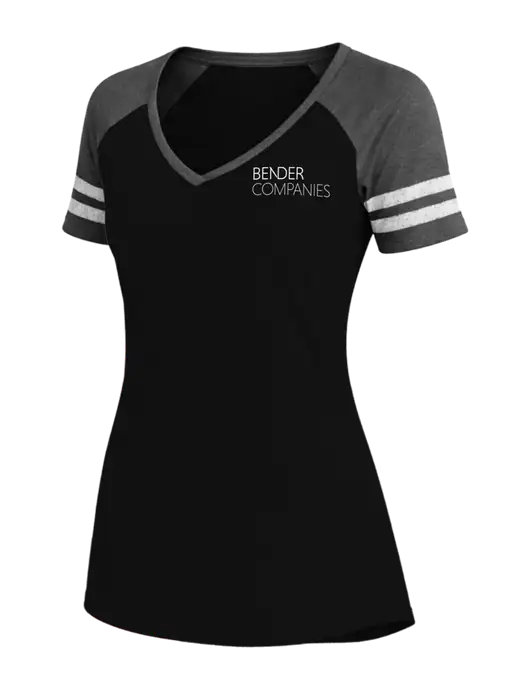 Womens Black/Charcoal Heather V-Neck Game Tee w/Bender Companies Logo
