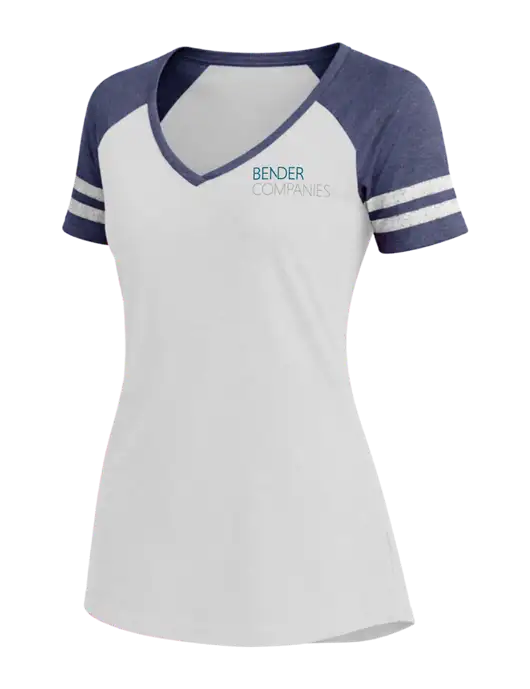 Womens White/Navy Heather V-Neck Game Tee w/Bender Companies Logo