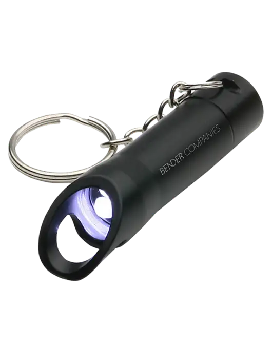 Black Pocket LED Flashlight with Bottle Opener & Keychain w/Bender Companies Logo