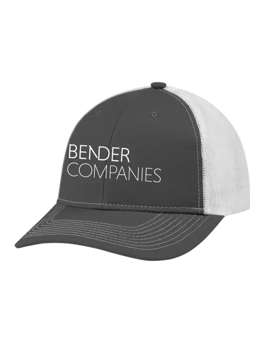 Snapback Ponytail Trucker Cap Dark Grey w/White Mesh w/Bender Companies Logo
