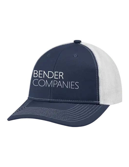 Snapback Ponytail Trucker Cap Navy w/White Mesh w/Bender Companies Logo