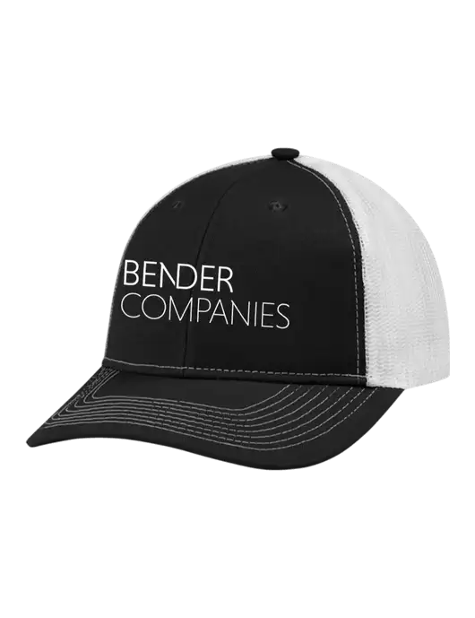 Snapback Ponytail Trucker Cap Black w/White Mesh w/Bender Companies Logo