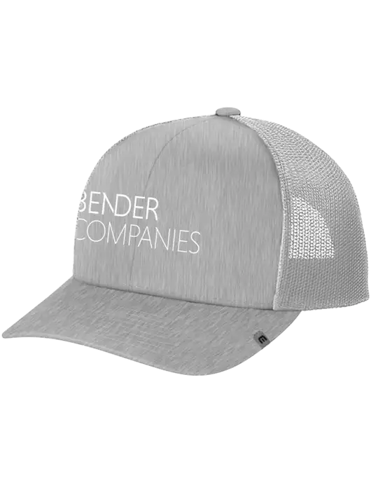 TravisMathew Light Medium Grey Heather Cruz Trucker Cap w/Bender Companies Logo