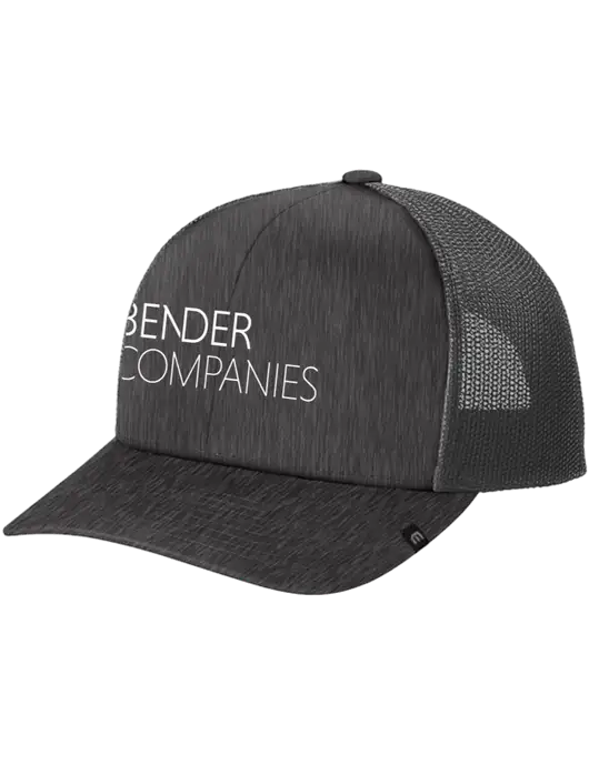 TravisMathew Very Dark Grey Heather Cruz Trucker Cap w/Bender Companies Logo