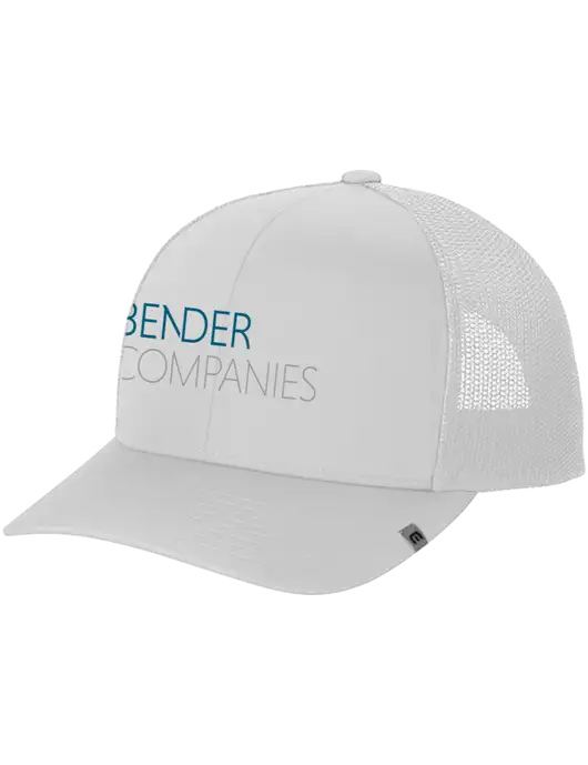 TravisMathew White Cruz Trucker Cap w/Bender Companies Logo